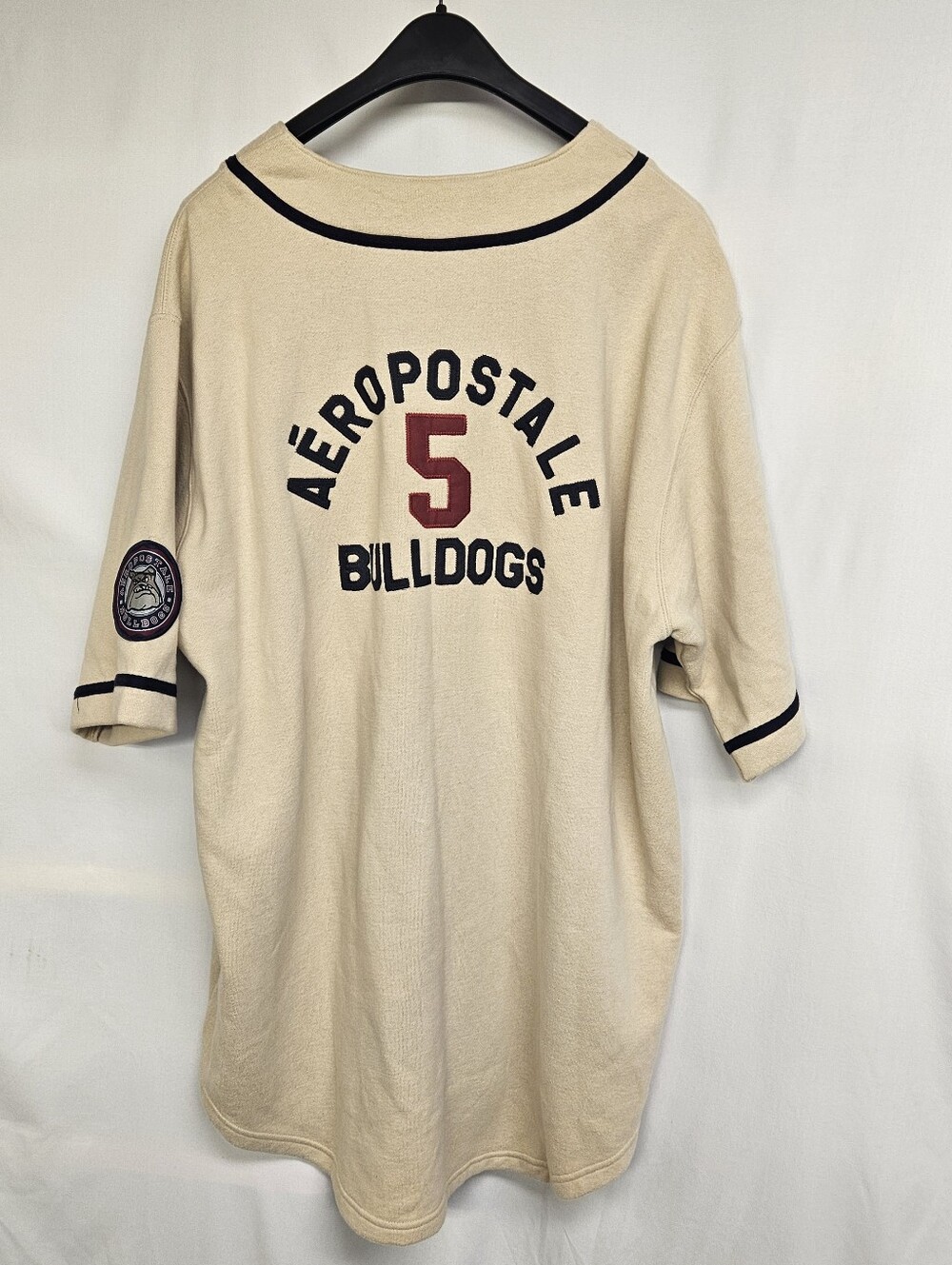 Aeropostale Vintage Creme Cotton Button Front Baseball Jersey Bulldog Mens XL
